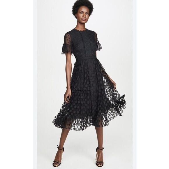 Saloni Lace-Trimmed Polka Dot Tulle Midi Dress Black sz 6 US - Picture 1 of 16